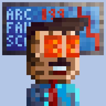 A pixel art graphic showing a character with glowing orange/red sunglasses in front of a blue scoreboard displaying 'ARC', 'FAI', and '191'.