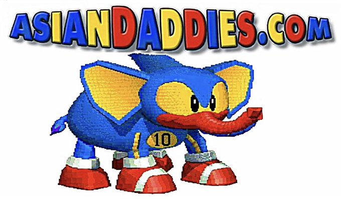 A balloon animal sculpture of a blue and red elephant with a yellow '10' on its side, displayed beneath the text 'ASIANDADDIES.COM' in colorful balloon-style lettering.