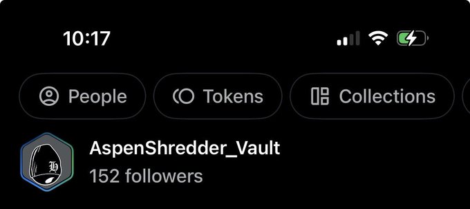 A mobile interface showing 'AspenShredder_Vault' with 152 followers, featuring navigation tabs for People, Tokens, and Collections.