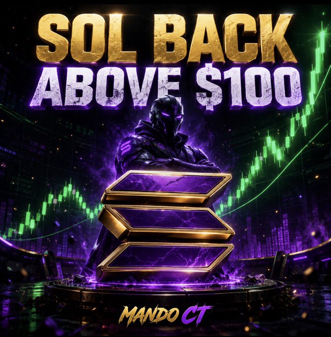 A futuristic hooded figure stands behind a glowing purple Solana logo with the bold headline "SOL BACK ABOVE $100," while green candlestick charts rise in the background—visually reinforcing the post's message about SOL's recovery and the poster's "Mando CT" branding calling for the next move toward $150.
