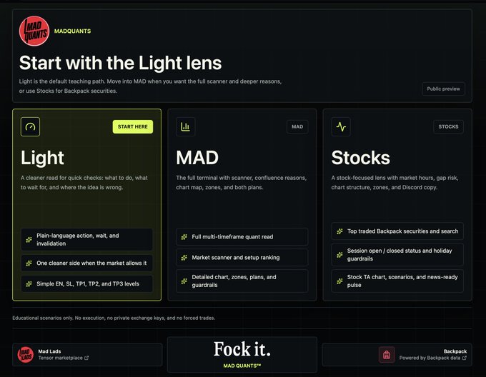 The image shows a screenshot of a webpage titled "Start with the Light lens" displayed in black text against a yellow background. The main content appears to be about Mad Quants, an Instagram account that posts daily updates about investing strategies and financial news. There are two bullet points on this page discussing different types of lenses: a light lens for photography and a median lens used in finance. A post by @MadLads Full update is also visible in the image.