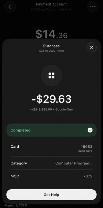 A mobile payment receipt screenshot showing a $14.36 balance on a USDC Polygon payment account, with a completed $29.63 (~KES 3,830.00) purchase from Google One on a Basic Card ending in 6683.