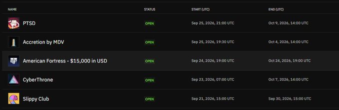 A screenshot showing a list of five open NFT/DeFi campaigns on Nucleus, including PTSC, Accretion by MDV, American Fortress ($15,000 in USD), CyberThrone, and Slippy Club, with their respective start and end dates ranging from September to October 2026. The image supports the post's message about finding free whitelist (WL) opportunities through yapping and activity on @NucleusCodes instead of relying on gacha.