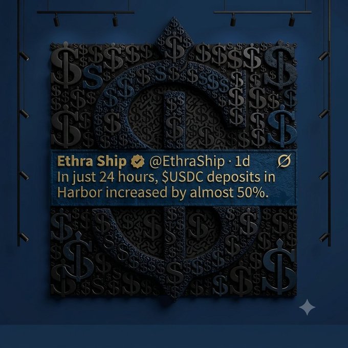 A dark blue textured background covered in dollar signs with a central tweet from 'Ethra Ship @EthraShip' stating 'In just 24 hours, $USDC deposits in Harbor increased by almost 50%.'