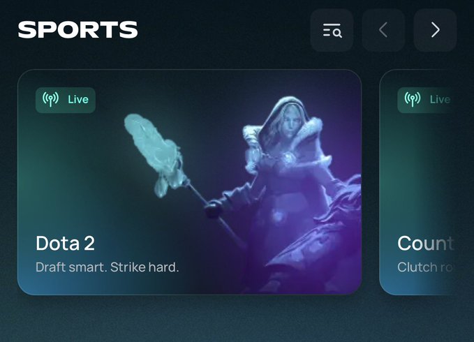 A "Sports" interface displays a featured Dota 2 card marked "Live" with the tagline "Draft smart. Strike hard.," alongside a partially visible second live event, confirming the platform's focus on in-progress game coverage rather than just pre-match picks.