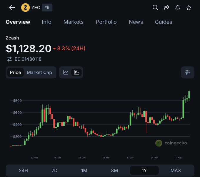 A CoinGecko price chart for Zcash (ZEC #9) displays a current price of $1,128.20, down 8.3% in 24 hours, with a 1-year candlestick chart showing an upward trend.