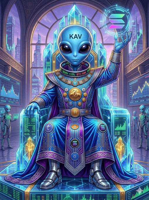 A digital illustration of a blue alien figure labeled "KAV" seated on a throne, wearing ornate blue and purple robes, holding a glowing Solana logo in one hand, with cryptocurrency charts and data displays in the background.