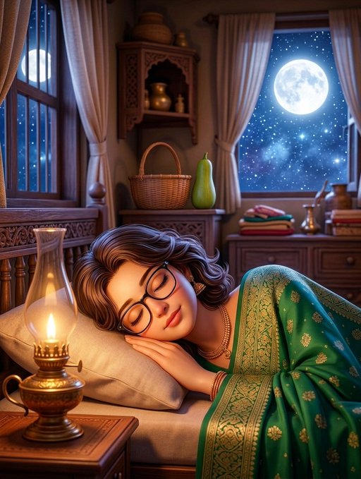 An illustration depicts a young woman with glasses sleeping peacefully in a traditional room, illuminated by an oil lamp with a starry night sky and full moon visible through the window.