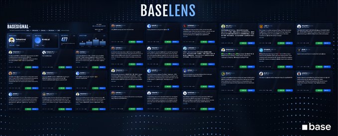 A dark-themed dashboard interface titled 'BASELENS' showing multiple profile cards with statistics, powered by 'base' logo in the corner.