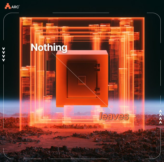 A digital artwork titled 'Nothing leaves' in orange text over a glowing, fiery orange square against a dark, rocky landscape, with 'ARC' branding in the corner.