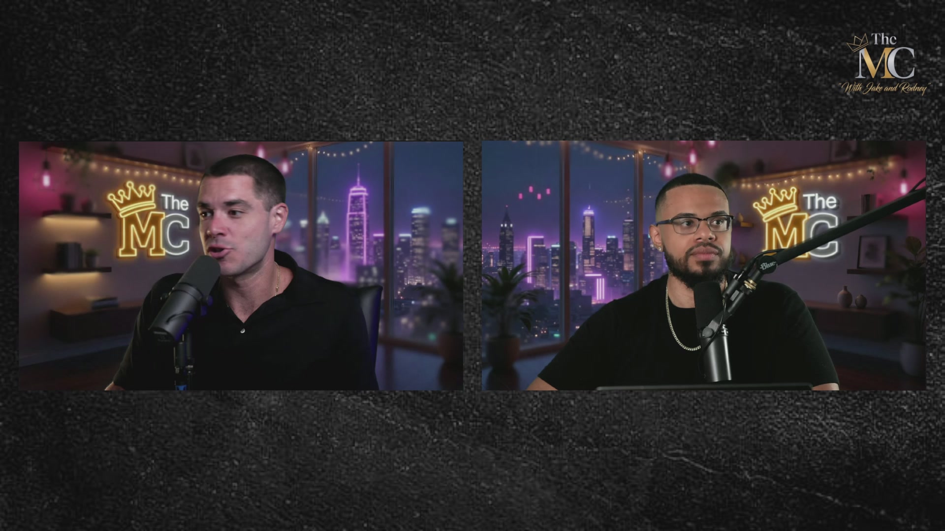 The image features two men sitting behind microphones, likely discussing or recording a topic related to Binance stock trading. The background of the image shows a city skyline at night with buildings illuminated by neon lights, creating an urban atmosphere. The caption for the image reads "The MC Talks about Binance Launching 24/5 Stock Trading @Binance @CZ_Binance @HeyIBinance $BNB".