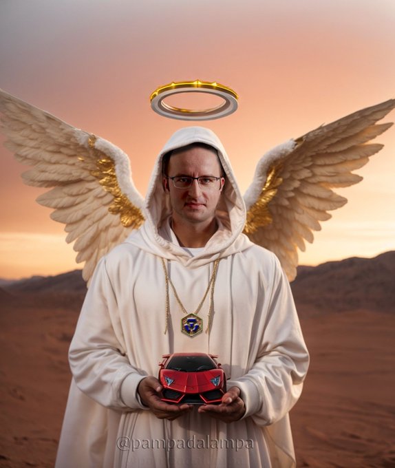 The image features an angelic figure holding a red sports car against a desert landscape backdrop with a sunset. The person appears to be wearing a white robe or gown and has large wings that give them an ethereal appearance. The photo seems to be a creative representation of the idea of an angelic figure, possibly associated with the concept of a deity or guardian angel. The red sports car adds a contrasting element to the scene, symbolizing power, speed, and success. The image's title suggests it is related to a post about a contest where people voted for their favorite picture, which could be interpreted as an artistic representation of the idea that the most popular choice will win.