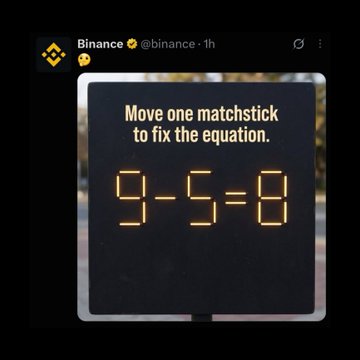 A screenshot of a Binance social media post presenting a matchstick puzzle that reads 'Move one matchstick to fix the equation. 9-5=8'.