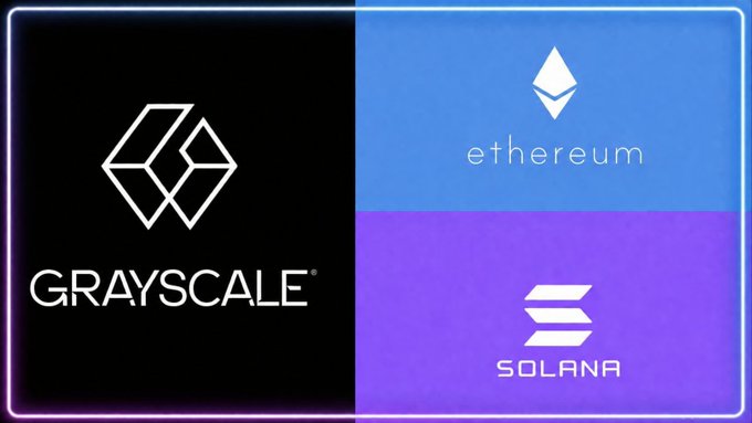 A four-panel graphic showcases cryptocurrency logos: Grayscale (black background), Ethereum (blue background), and Solana (purple background), with neon borders framing the composition.
