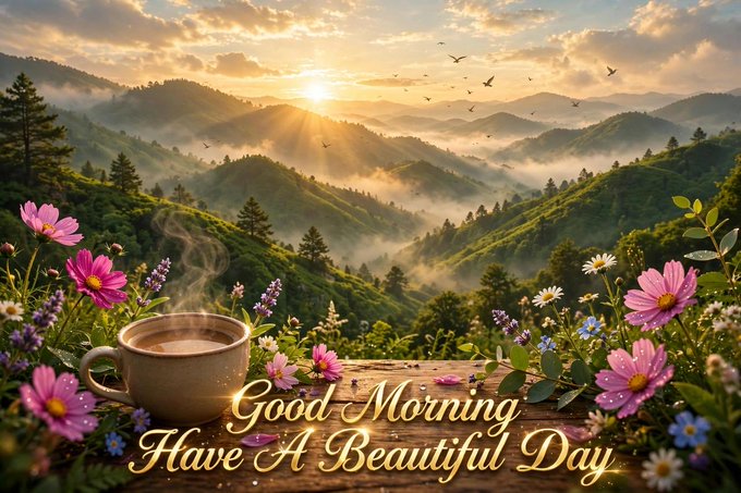 A scenic mountain landscape at sunrise features a steaming cup of coffee in the foreground, surrounded by colorful flowers, with the text 'Good Morning Have A Beautiful Day' displayed.