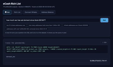 A screenshot of an 'eCash Rich List' interface showing a search for address 'SE16K77' and a recent SQL query with results displaying a balance of 9,598,079,837,704.41.