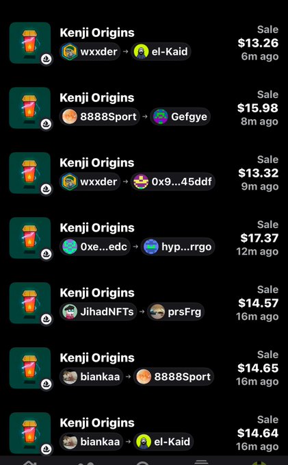 The screenshot shows recent “Kenji Origins” sales, with prices including $13.26, $15.98, $13.32, $17.37, $14.57, $14.65, and $14.64. It highlights usernames such as 8888Sport, biankaa, wxxder, and el-Kaid, supporting the claim that many bots participated rather than a “Jeeter thing.”