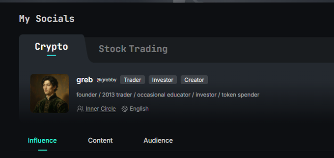 A dark-themed social profile page for "greb" (@grebby) tagged as a Trader, Investor, and Creator in the Crypto category, showing badges "Inner Circle" and "English." The post humorously contrasts joining an elite "Inner Circle" group with the unfulfilled promise of "generational wealth," matching the profile's designation as an investor and token spender.