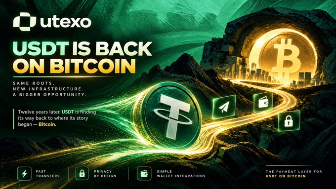 A promotional banner for Utexo announcing 'USDT IS BACK ON BITCOIN' with features like fast transfers, privacy by design, and simple wallet integrations.