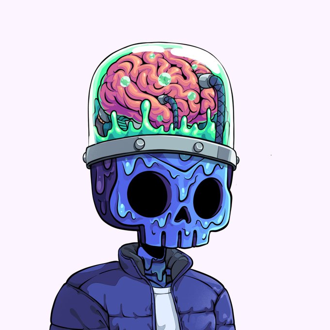 A cartoon illustration of a character with a purple melting skull face and a transparent dome head containing a pink brain surrounded by green slime, wearing a dark blue jacket.