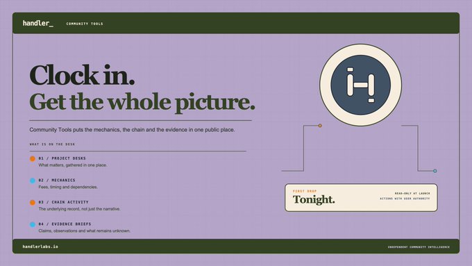 A website screenshot for 'handler_' with the headline 'Clock in. Get the whole picture.' and the subtitle 'Community Tools puts the mechanics, the chain and the evidence in one public place.'