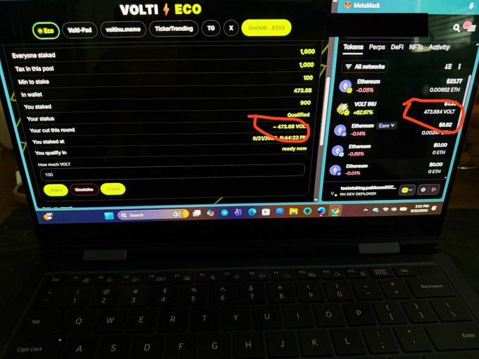 A laptop screen displays a 'VOLT ECO' staking interface showing a loss of '- 473.68 VOLT', alongside a MetaMask wallet also showing a loss of '- 473.684 VOLT' circled in red.