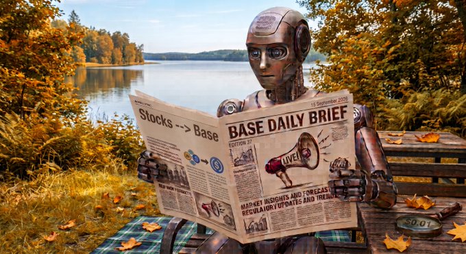 An illustration of a robot reading a newspaper titled 'BASE DAILY BRIEF' by a lake in autumn, with headlines mentioning 'Market Insights and Forecast' and 'Regulatory Updates and Trends'.