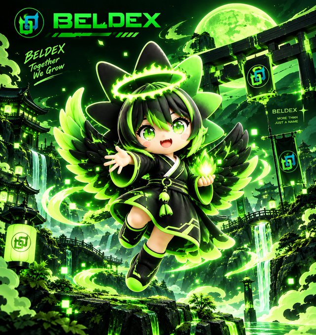 An anime-style promotional graphic for 'BELDEX' cryptocurrency, featuring a green-haired, winged character with a halo holding a glowing orb, set against a green-toned fantasy landscape with waterfalls and a large moon, with text including 'BELDEX Together We Grow' and 'BELDEX MORE THAN JUST A NAME'.
