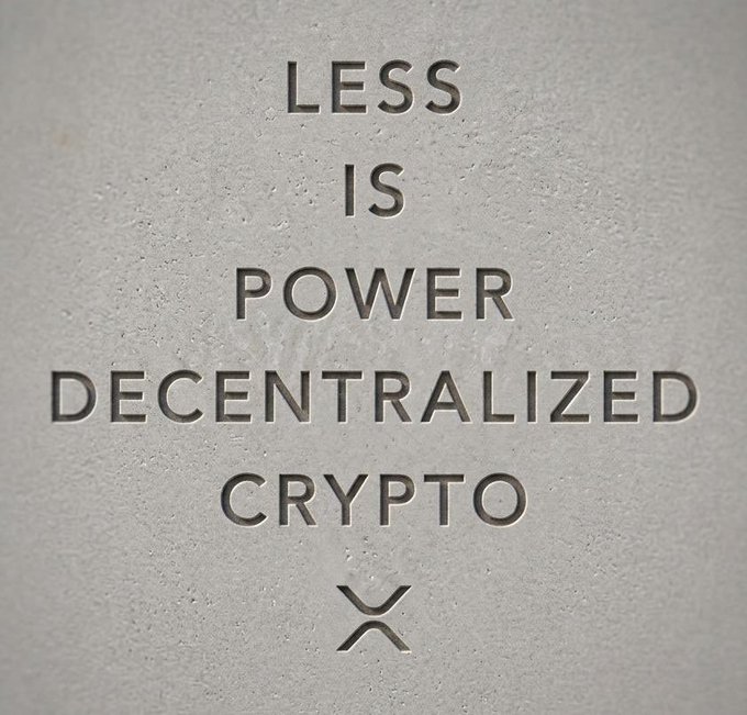 Engraved text on a stone-like surface reads "LESS IS POWER DECENTRALIZED CRYPTO" above an XRP logo, visually reinforcing the post's warning about MiCA regulations potentially driving users toward decentralized alternatives like XRP as centralized crypto platforms face EU licensing cutoffs.