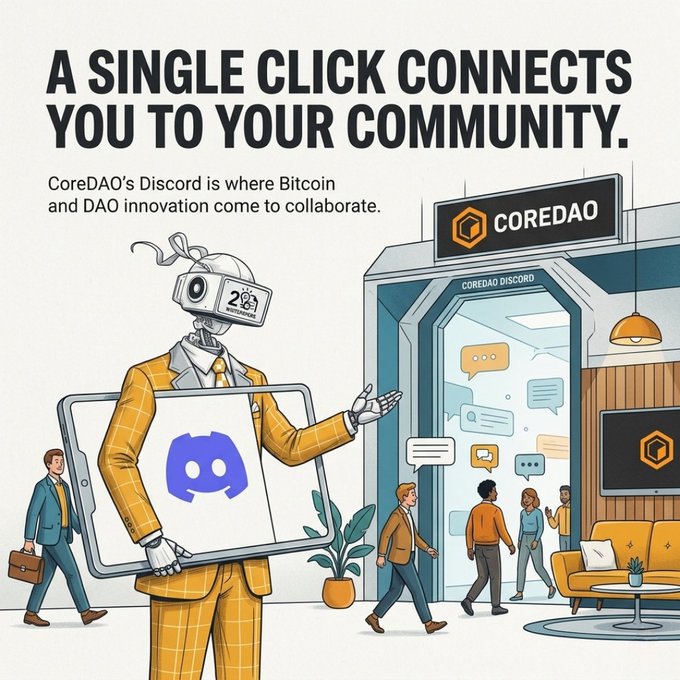 The image features a cartoon depiction of a man dressed in a suit holding up a sign with the word "Core" written on it, surrounded by people walking around him. The scene takes place inside a building, possibly an office or convention center, where there are multiple TVs and potted plants visible throughout the space. The text in the image reads: "A single click connects you to your community."