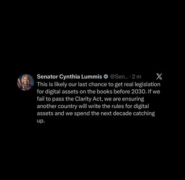 Senator Cynthia Lummis warns that without passing the Clarity Act, the US risks losing its chance to shape digital asset legislation before 2030. This tweet highlights a critical juncture for US cryptocurrency regulation.