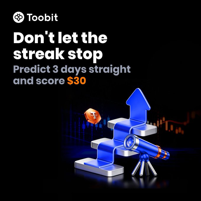 A promotional graphic for Toobit reads 'Don't let the streak stop - Predict 3 days straight and score $30', featuring a 3D blue arrow, telescope, and USDT token.