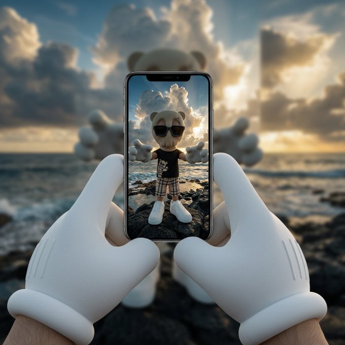 Cartoon-style character wearing sunglasses and a black shirt, photographed on a smartphone held by hands in white cartoon gloves against a sunset ocean backdrop.