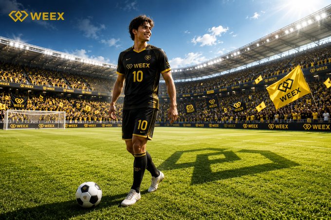 A Cape Verde soccer player wearing a black and yellow #10 jersey branded with the "WEEX" logo stands on a sunlit pitch next to a soccer ball, while a packed stadium waves matching yellow WEEX flags in the background. The scene ties into WEEX's promotion of the Cape Verde vs. Argentina match and its "WEEX Cup" event, highlighting the sponsor's presence in the high-stakes game.