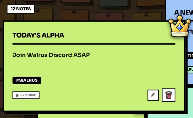 A digital note card titled "TODAY'S ALPHA" advises viewers to "Join Walrus Discord ASAP," tagged with "#WALRUS" and marked as "SYNCING." The note, displayed within a note-taking app interface, ties into a Discord Builder AMA event scheduled for September 2nd, promoting engagement with the Walrus community.