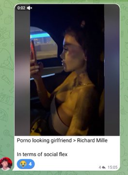 The image shows a vertical phone screenshot, likely from a meme page, featuring a side-profile photo of a woman in low lighting inside what appears to be a car, with a visible "Richard Mille" luxury watch reference. Below the photo, the caption reads "Porno looking girlfriend > Richard Mille" with "In terms of social flex" and showing "4" upvotes and "1505" comments, suggesting this is a viral meme post mocking the post's implication that flexing a beautiful girlfriend outranks even ultra-luxury watches.