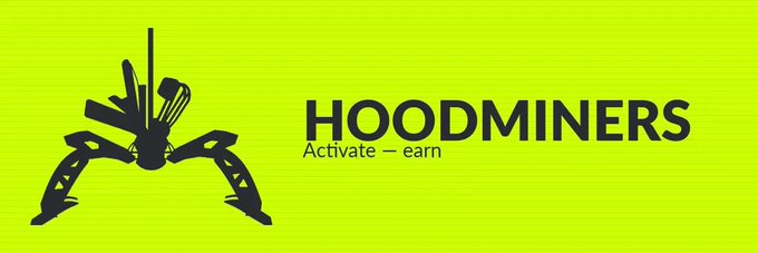 A bright lime green banner featuring a black spider-like mining logo on the left with the text 'HOODMINERS' and the tagline 'Activate – earn' displayed in black lettering.