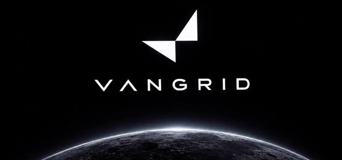 A dark space-themed logo for 'VANGRID' featuring a white geometric arrow/sail emblem above the curvature of Earth against a starfield.