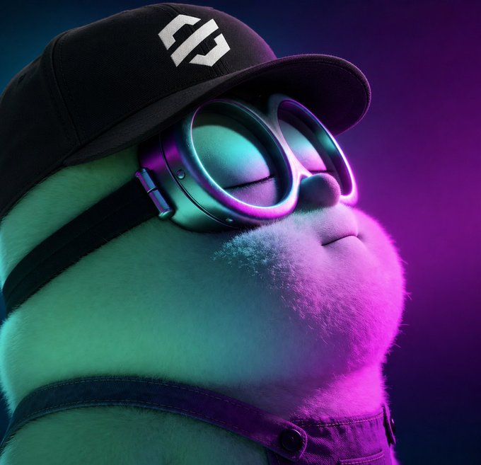 A 3D-rendered fluffy white cat character wears a black baseball cap with a geometric logo and large round goggles, lit by pink and teal neon light.