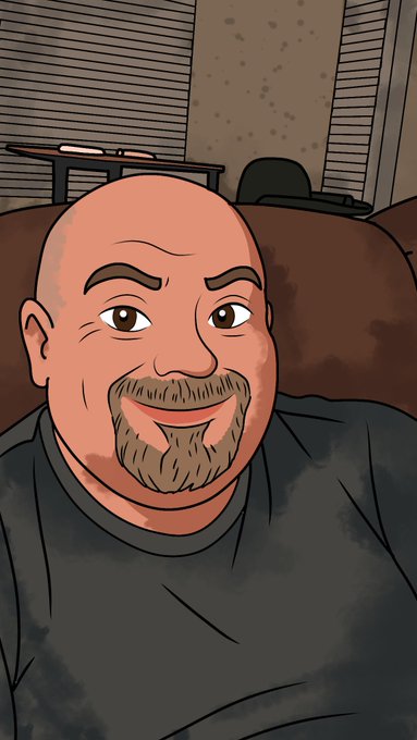 A cartoon illustration of a bald man with a goatee and eyebrows, wearing a dark gray shirt, smiling in what appears to be a workshop or garage setting.