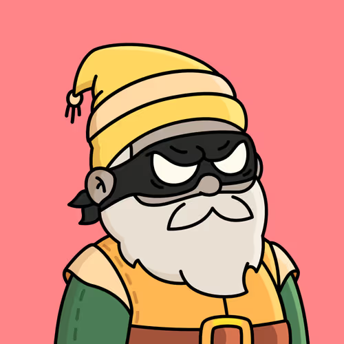 A cartoon illustration of a grumpy old man with a white beard wearing a yellow nightcap, black domino mask, and green and yellow tunic against a pink background.