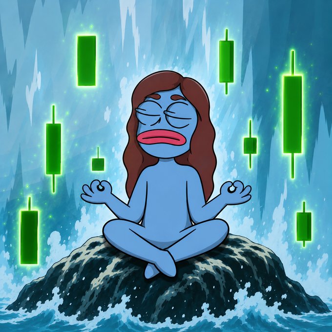 A cartoon illustration of a blue-skinned character with brown hair meditating on a rock surrounded by waves and waterfalls, with green candlestick chart bars glowing in the background, representing crypto trading patience or zen.