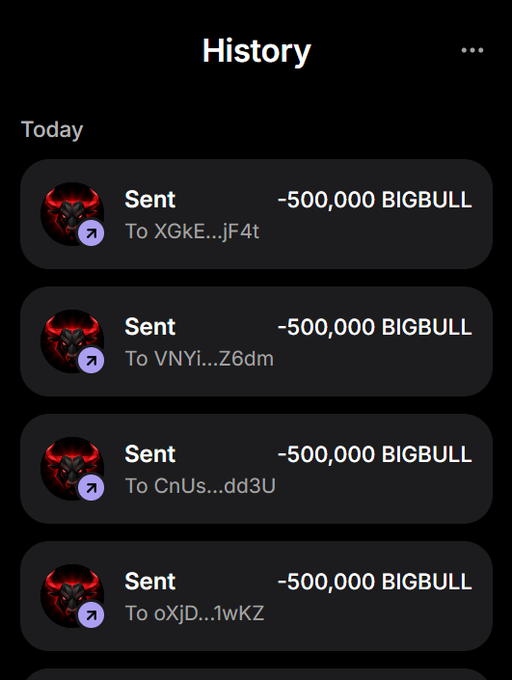 A mobile app history screen displays four consecutive transactions, each showing "Sent" amounts of "-500,000 BIGBULL" to different Solana addresses (XGkE...jF4t, VNYi...Z6dm, CnUs...dd3U, and oXjD...1wKZ), suggesting the user has been actively distributing 500,000 $BIGBULL tokens as part of the giveaway promotion mentioned.