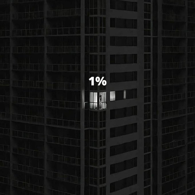 A dark high-rise apartment building at night with only a few windows lit, overlaid with the text '1%'.