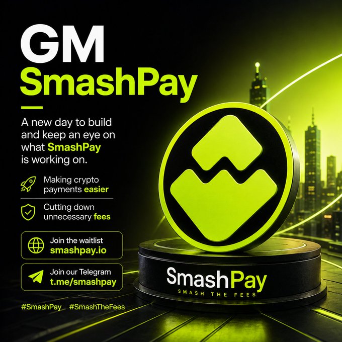 A promotional graphic for 'GM SmashPay' with green and black colors, featuring a 3D logo, cityscape background, and text about making crypto payments easier and cutting fees.