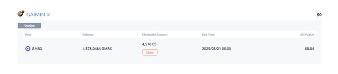 Screenshot of a Notion page titled 'GAIMIN' displaying a table for 'Voting' with columns for Pool, Balance, Claimable Amount, End Time, and USD Value, showing a GMRX pool with a balance of 4,578.0464 GMRX and a Claim button.