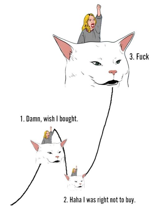 The image depicts the "Three Stages of a Crypto Trader" meme featuring three cat heads labeled "1. Damn, wish I bought," "2. Haha I was right not to buy," and "3. Fuck," with a triumphant blonde woman celebrating atop the largest cat. It illustrates the classic cycle of missing a token's early gains, feeling validated during a dip, and then panicking when the asset pumps—tying directly to the post's pitch for $WYAC as a presale opportunity before the inevitable "Fuck" moment of regret.