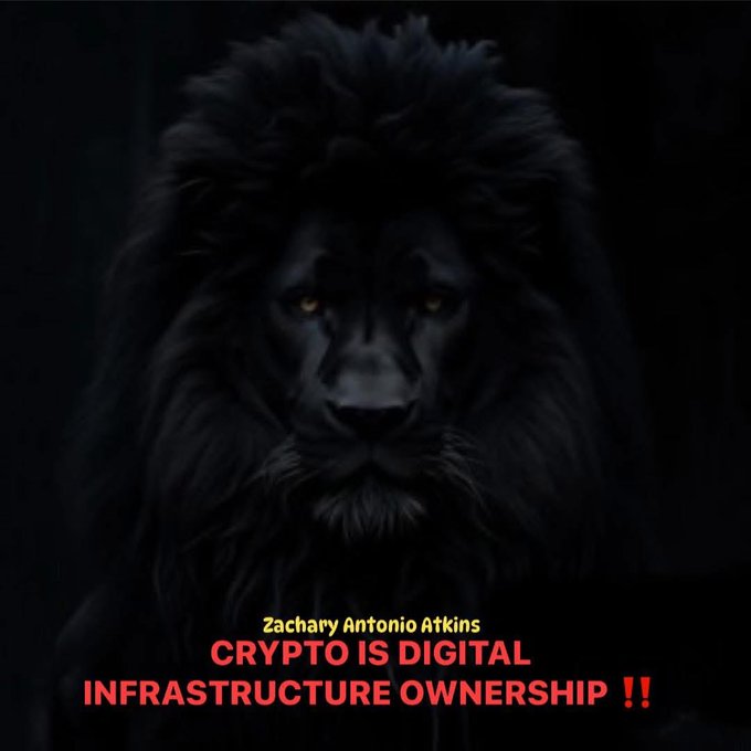 A dark, dramatic image of a black lion's face with glowing yellow eyes, overlaid with the text 'Zachary Antonio Atkins' and 'CRYPTO IS DIGITAL INFRASTRUCTURE OWNERSHIP !!' in red.