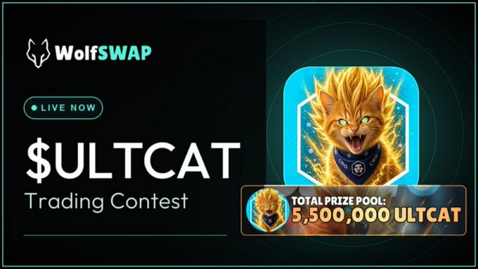 A promotional graphic for a 'WolfSWAP' $ULTCAT Trading Contest, featuring an angry cat illustration and a 5,500,000 ULTCAT prize pool.