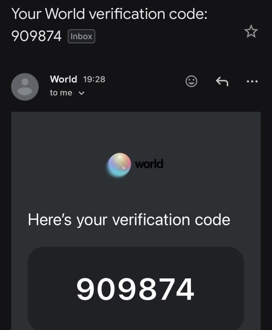 A screenshot of an email from "World" displaying a verification code "909874," which the poster shares to ask if they can still claim their Worldcoin (WLD) airdrop after a 69-day absence, referencing others who received four-figure rewards.
